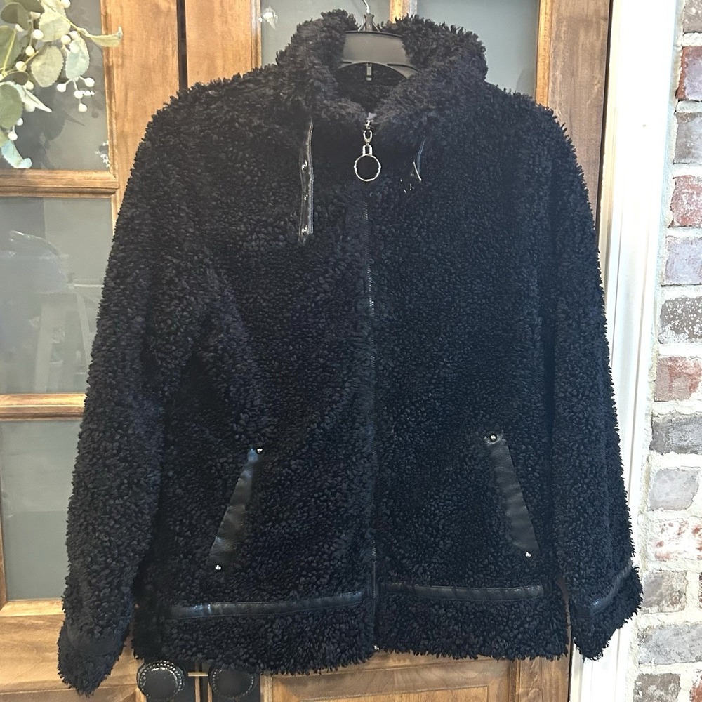 Madden Girl Jacket Women Black Faux Shearling Sherpa Moto Full Zip Small